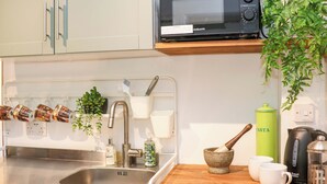 A kitchen with a stainless steel sink, a microwave, a green pasta container, a coffee pot, and a hanging plant.