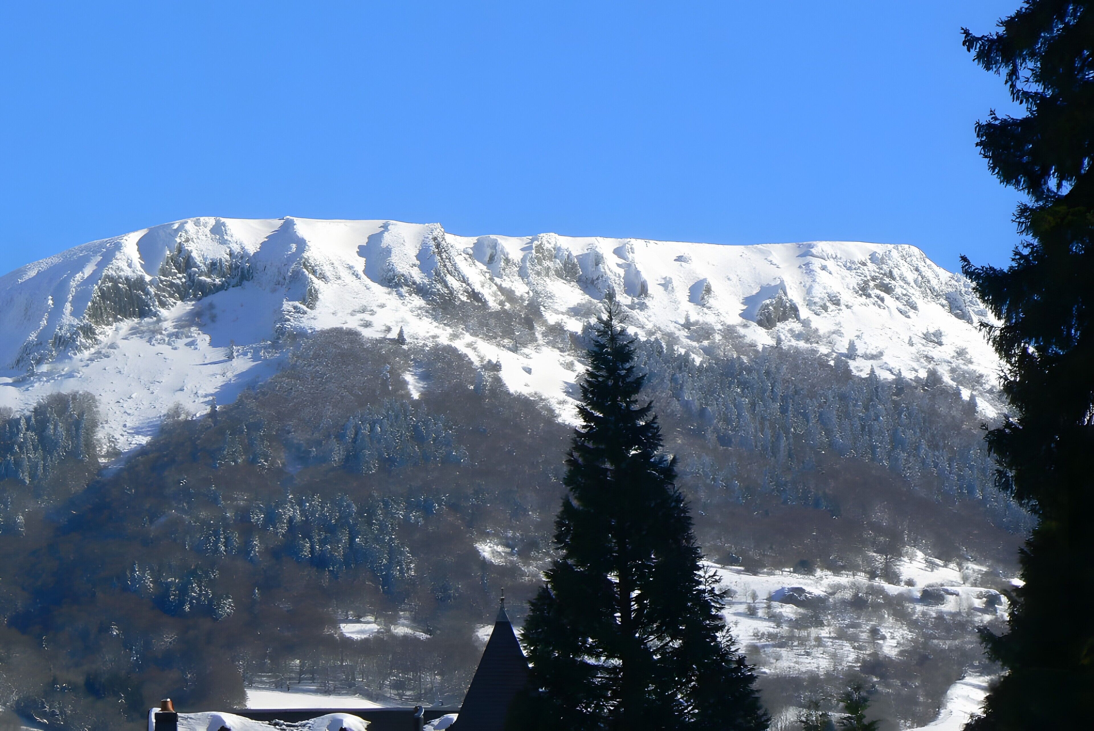 A snow-covered mountain with a clear sky, a church with a pointed roof, and a tall evergreen tree.