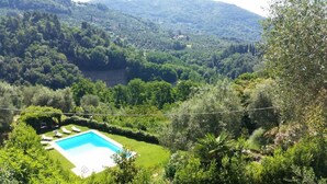 Ein Pool, umgeben von üppiger Vegetation und einem Bergpanorama.