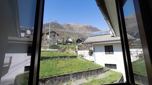 Blick durch ein Fenster auf eine Wohngegend mit Häusern, einer Grünfläche und Bergen im Hintergrund.