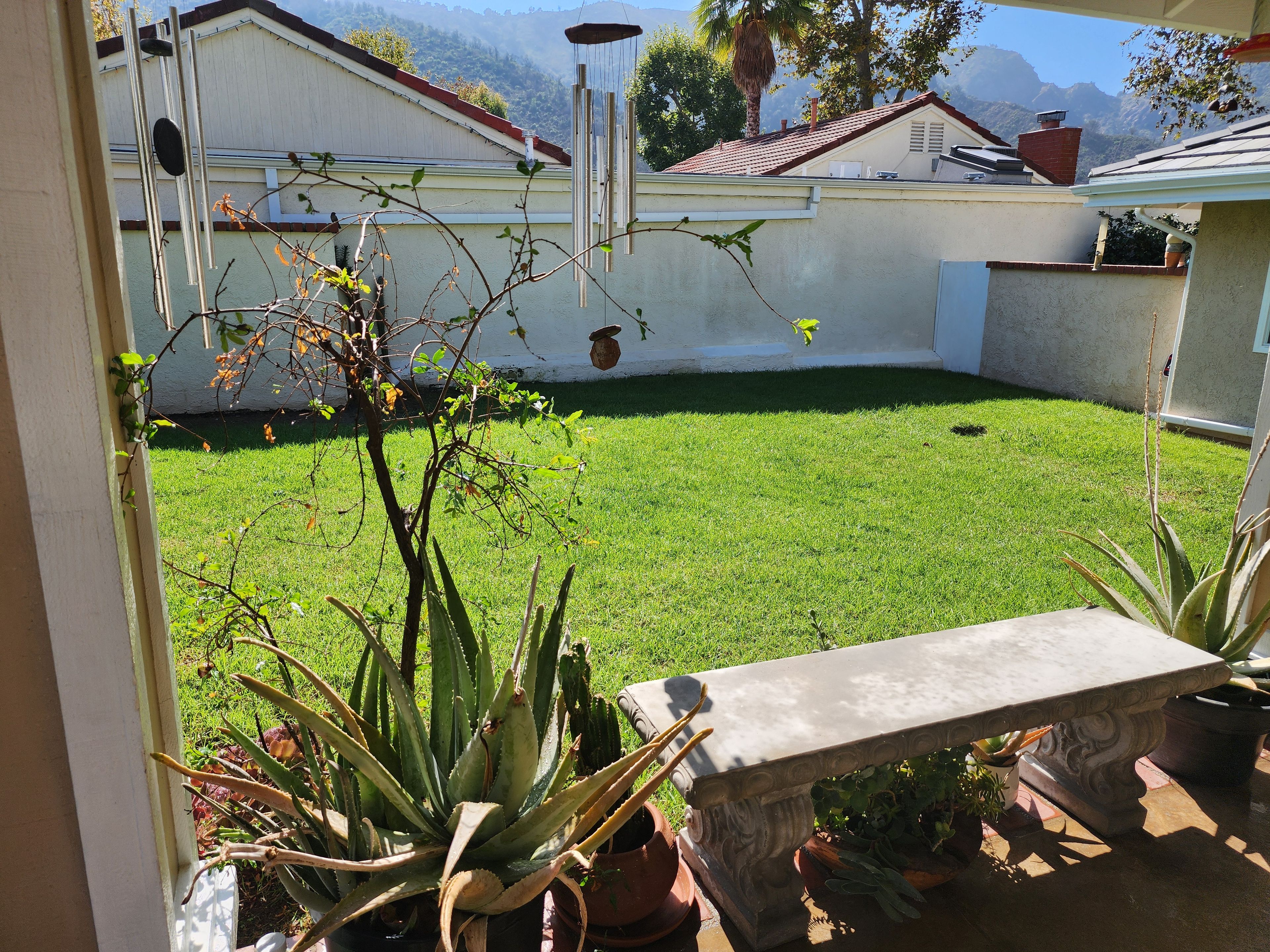 A patio area with a stone bench, potted plants, and a well-maintained lawn.