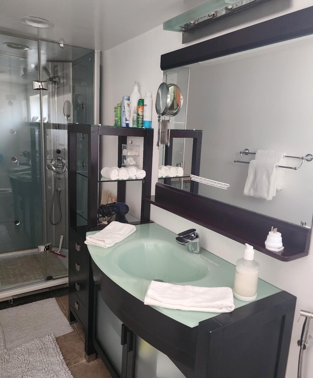 Hair dryer, towels, soap, toilet paper
