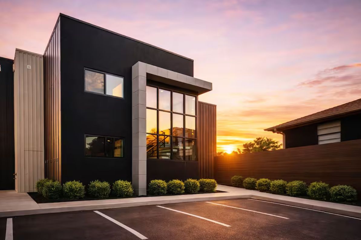 A modern building with a parking lot, large windows, and a sunset in the background.
