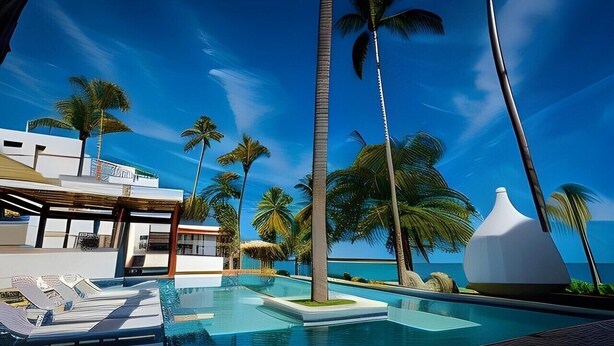 A modern resort with a pool, palm trees, and a clear blue sky. - Award-Winning Beachfront Resort Penthouse | Pools, Dining & Kite Beach (Cabarete)
