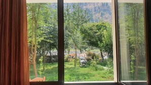 Una habitación con un amplio ventanal que ofrece vistas a un jardín exuberante y un paisaje montañoso.