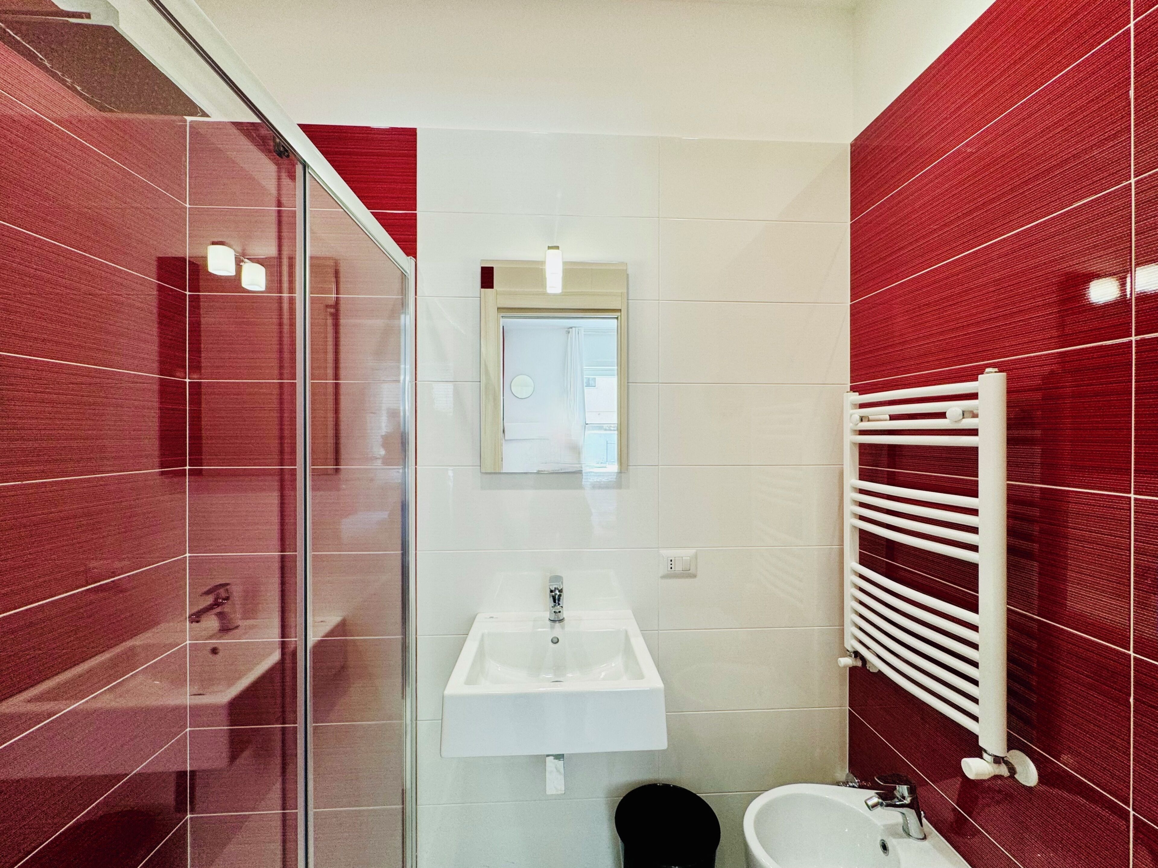 Standaard kamer | Badkamer | Een douche, een haardroger, handdoeken, zeep