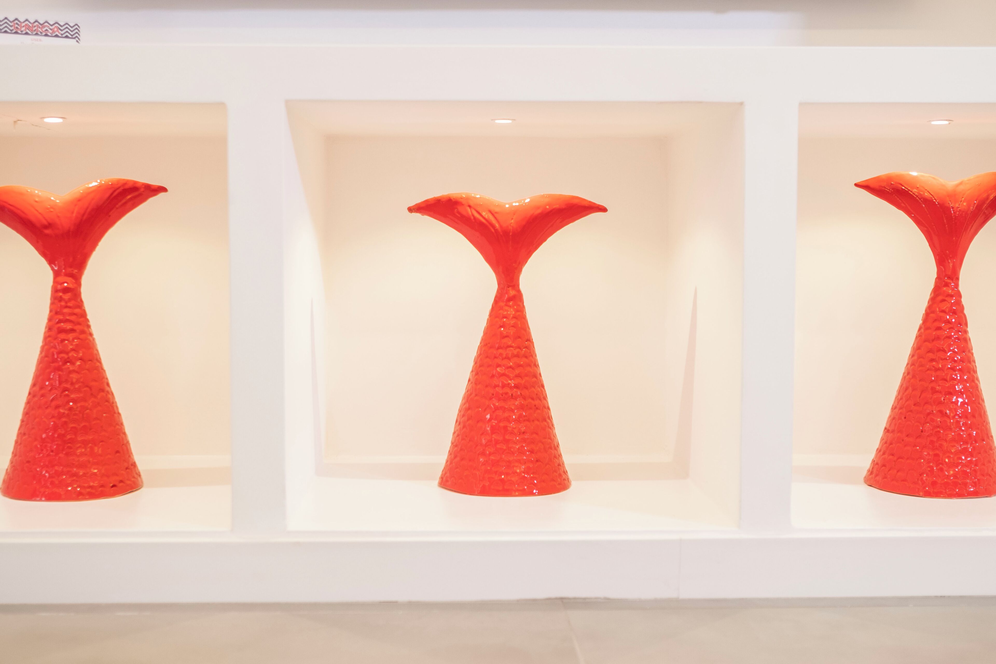 Three red, textured, tail-shaped objects in white display cases.