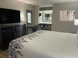 Habitación de hotel con cama, escritorio, televisor, espejo, lavamanos y un cuadro en la pared.