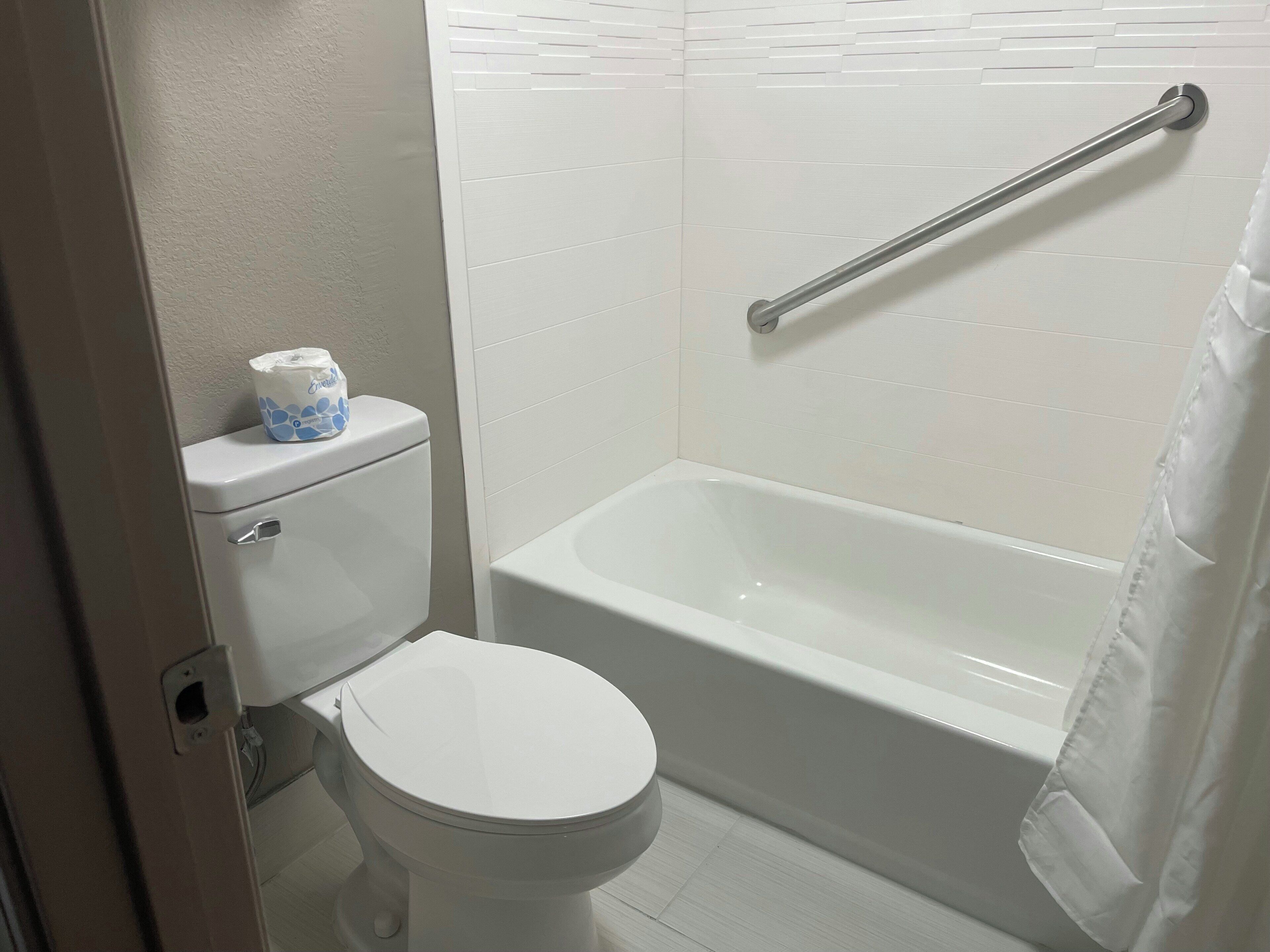 Combined shower/tub, free toiletries, hair dryer, towels