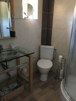 Hair dryer, towels, soap, toilet paper