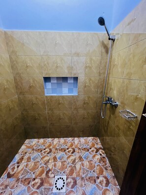 Shower, towels, soap, toilet paper