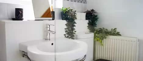 Combined shower/bathtub, deep-soaking bathtub, hair dryer, towels