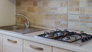 A kitchen with a stainless steel sink, a gas stove with four burners, and light wooden cabinets. - Apartment with 3 Beds (Mira)