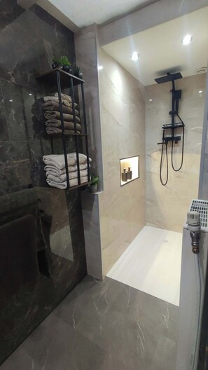 A modern bathroom with a glass shower enclosure, a towel rack, and a small potted plant.