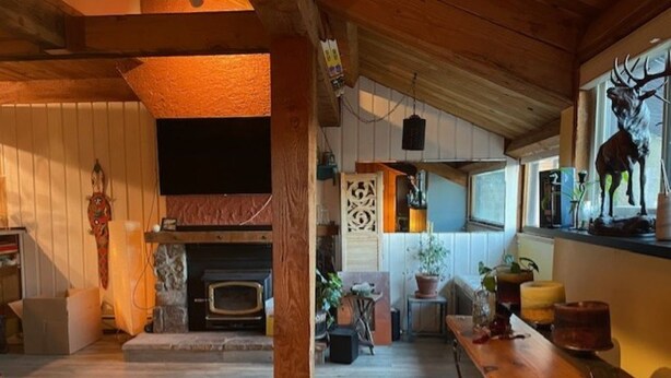 Un salon chaleureux avec une cheminée, des meubles en bois et une statue de cerf.