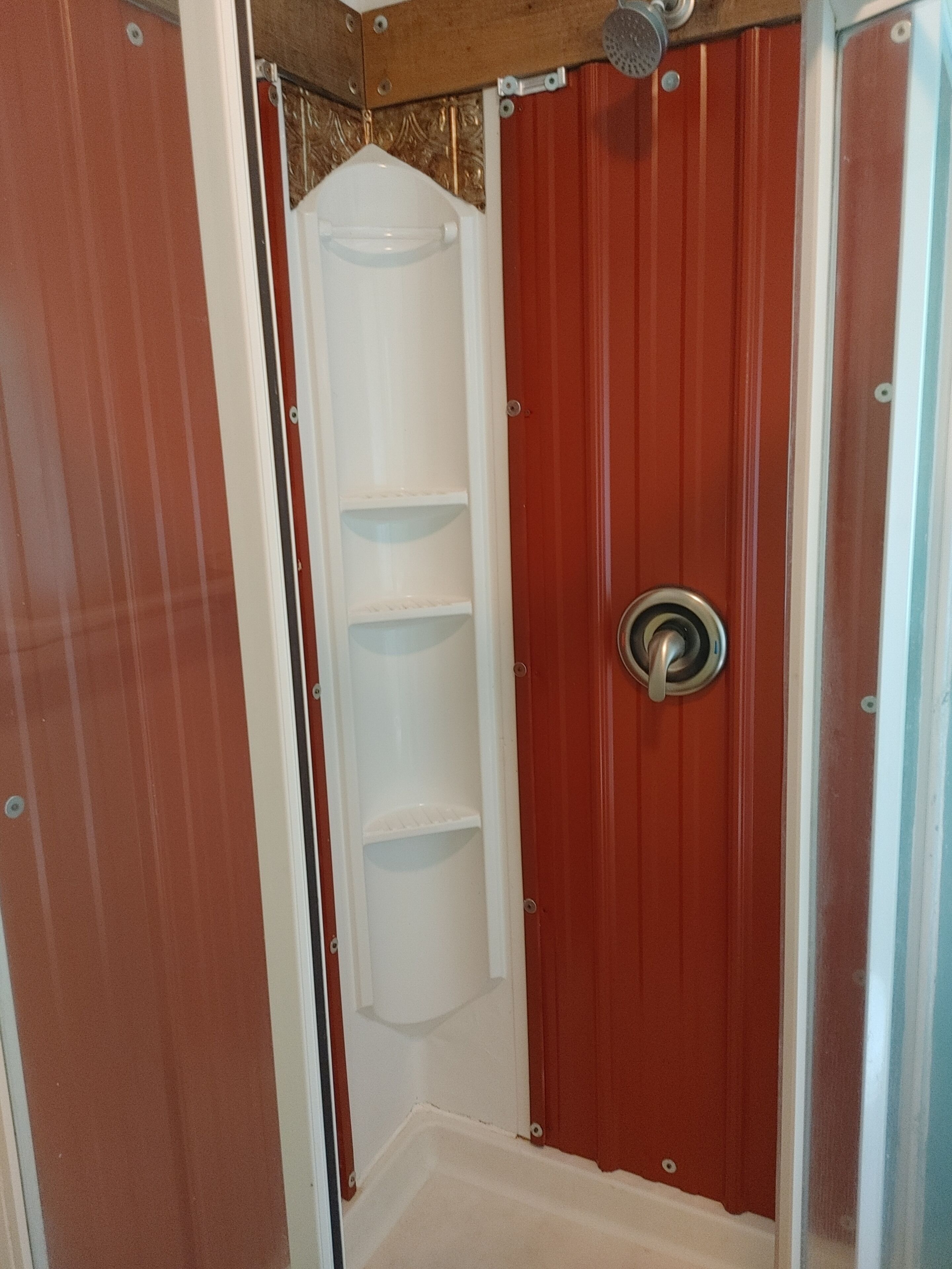 Shower, towels, soap, toilet paper