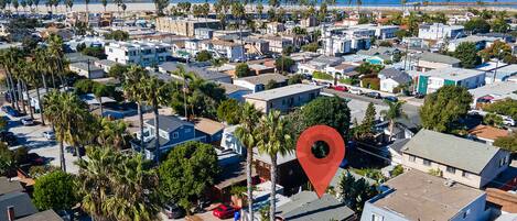 A residential area with single-story houses, palm trees, and a beach in the background.