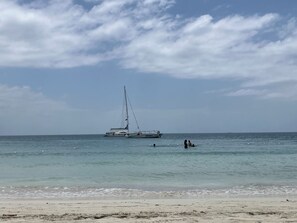 Ein Strand mit einem Segelboot im Wasser und einem sandigen Ufer.