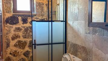 Un baño con pared de piedra, puerta de madera, inodoro blanco y lavamanos.