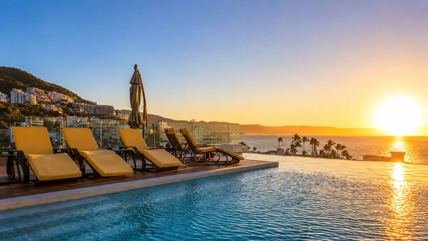 A poolside with lounge chairs, a statue, and a view of the ocean at sunset. - Zona Romantica Condo | Rooftop Pool | 1 Min Beach (Puerto Vallarta)