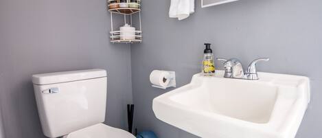 A bathroom with a toilet, sink, and a shelf with toiletries.