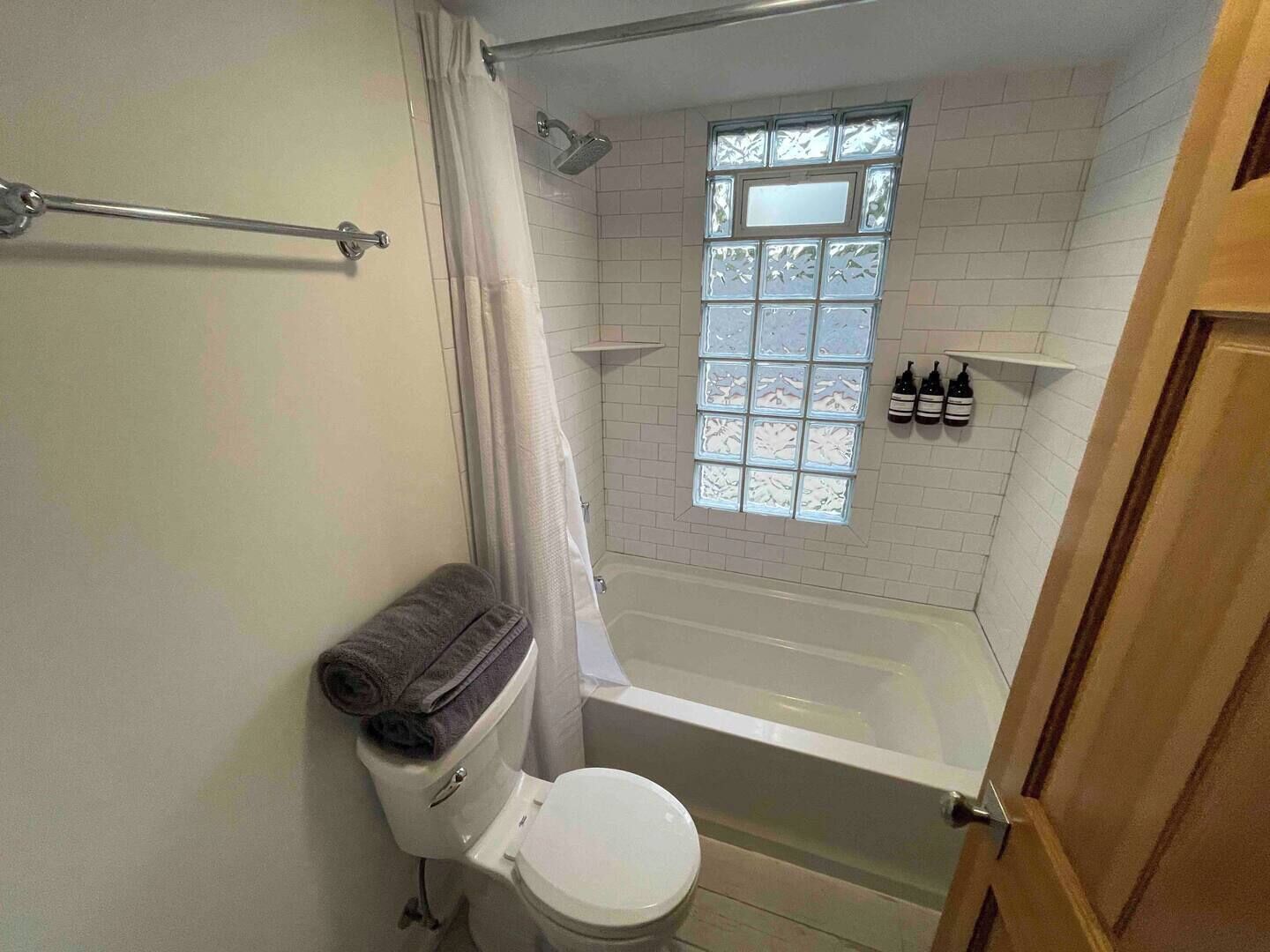 Hair dryer, towels, soap, toilet paper