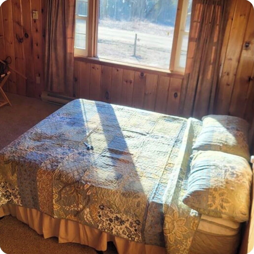 Une pièce avec un lit, des murs en bois, une fenêtre et une vue sur un paysage enneigé.