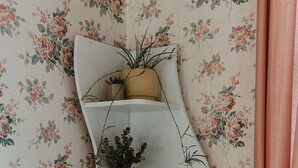 Una estantería con plantas y fotos enmarcadas.