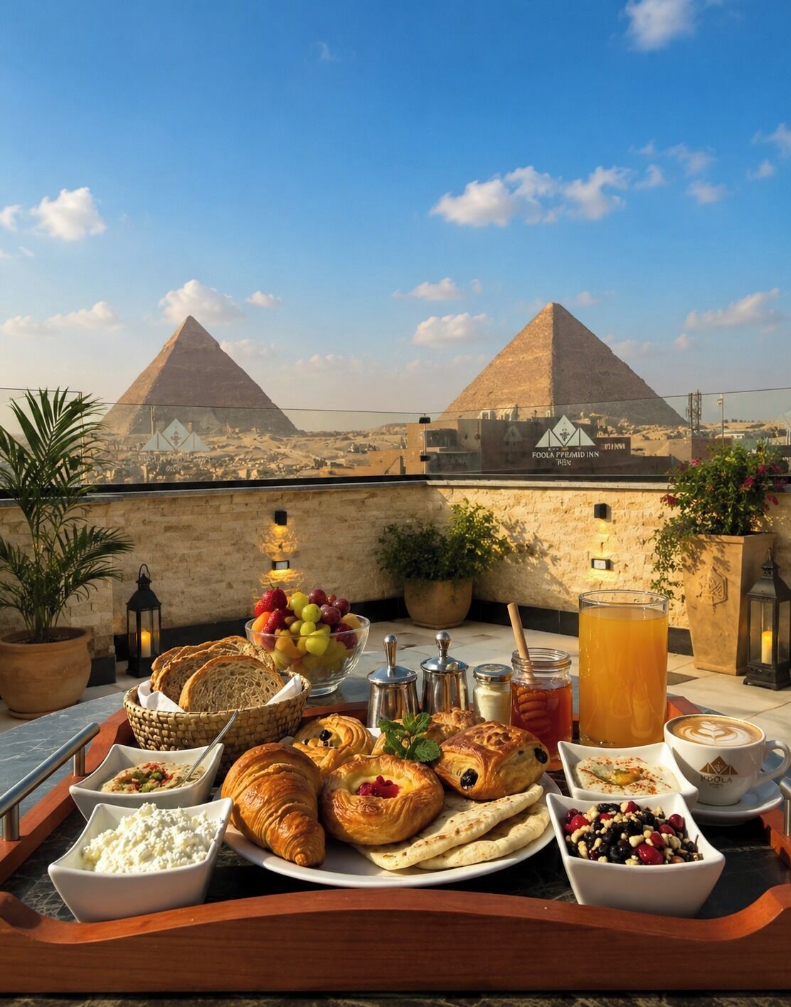 A breakfast buffet with croissants, fruits, and beverages on a terrace overlooking pyramids.