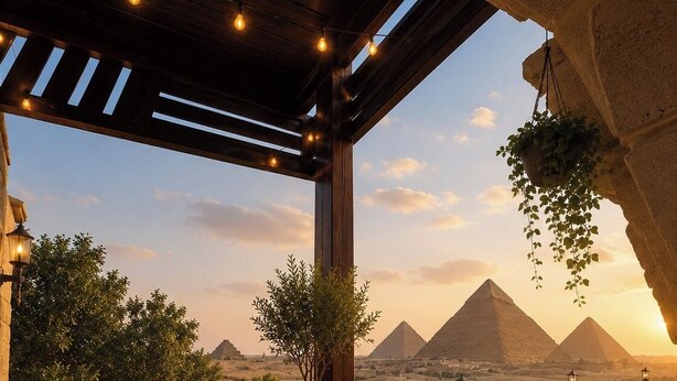 A covered outdoor seating area with a view of pyramids, potted plants, and hanging planters. - Foola Pyramids Inn Hotel (Giza)