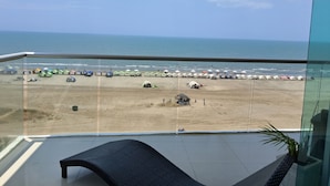 En balkon med udsigt til stranden, en liggestol og en potteplante.