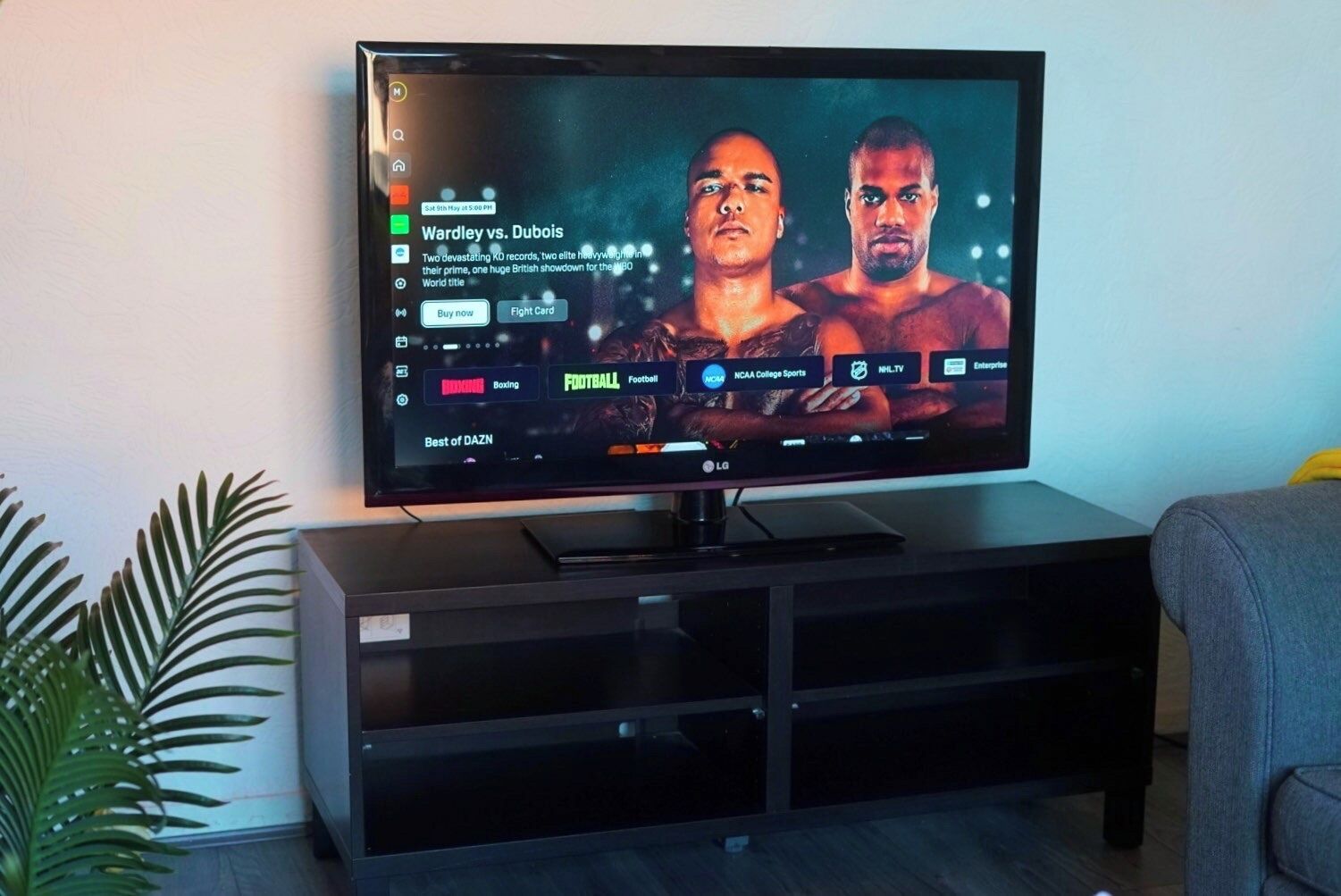 Ein Fernseher auf einem schwarzen Ständer, ein Sportkanal wird angezeigt. Links daneben eine Pflanze, rechts eine graue Couch.