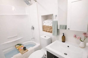 Douche, séchoir à cheveux, shampooing