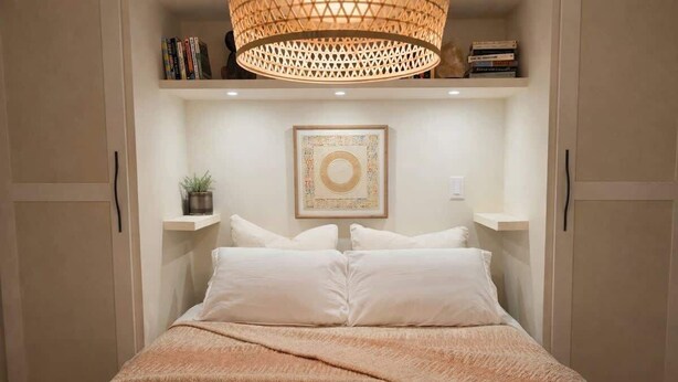 A bed with white bedding, a beige throw blanket, and a hanging light fixture above. - The Ellery | Garden Suite Historic Queen’s Park (New Westminster)