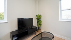 Habitación con televisión de pantalla plana sobre un soporte negro, una planta en maceta y una mesa de cristal.