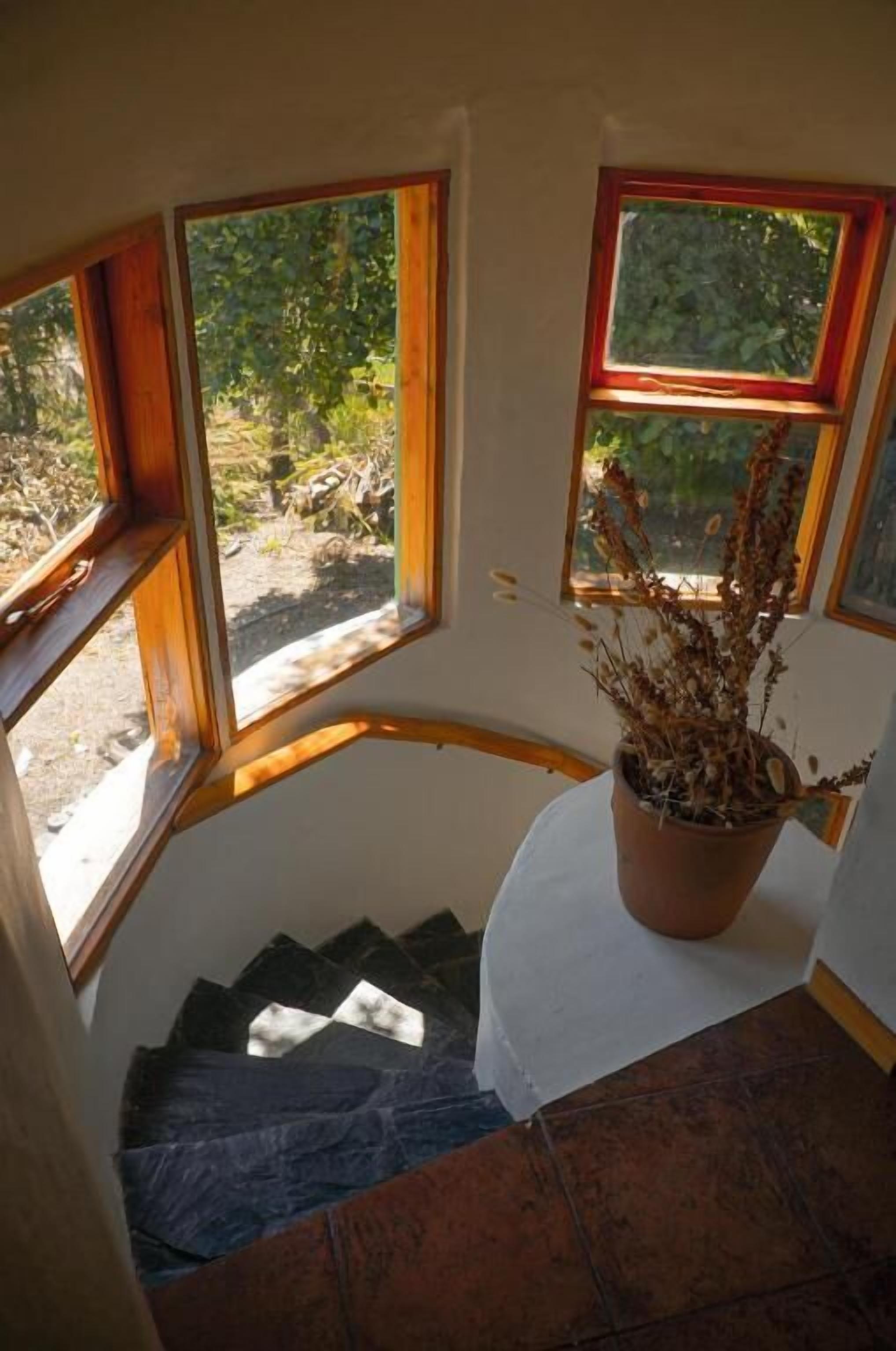 A staircase with a potted plant on a white table, three windows, and a view of greenery outside.