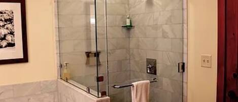 Hair dryer, towels, soap, toilet paper