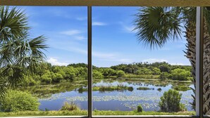 Blick auf einen Teich, umgeben von üppiger Vegetation und Palmen, aufgenommen von einem Balkon mit Geländer.