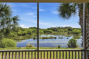 A view of a pond surrounded by lush greenery and palm trees, viewed from a balcony with a railing. - Luxury Palmer Ranch Home-Siesta Key, Pickleball & Pool (Sarasota)