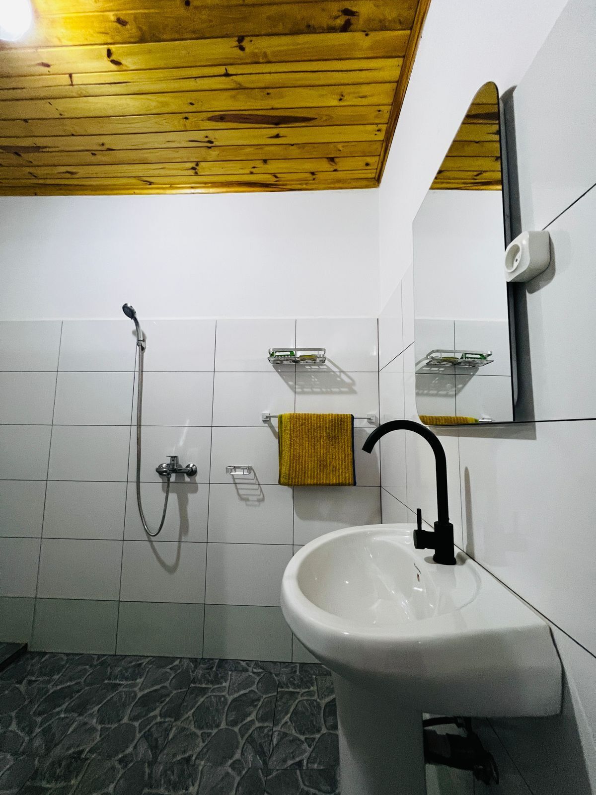 Douche, serviettes fournies, savon, papier toilette