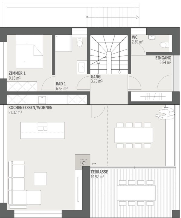 A hotel floor plan with a living room, kitchen, bathroom, and terrace.