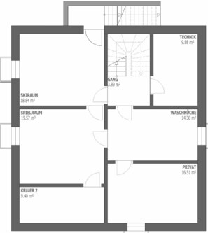 A floor plan with a kitchen, dining area, two bedrooms, a bathroom, and a living room totaling 9.88 m².
