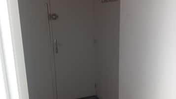 Een gang met een houten vloer, een witte deur en een lamp.