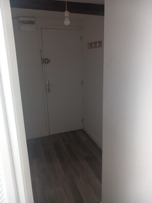 Ein Flur mit Holzboden, einer weißen Tür und einer Leuchte.
