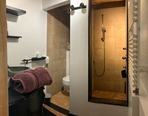 Dusche, Haartrockner, Handtücher, Seife