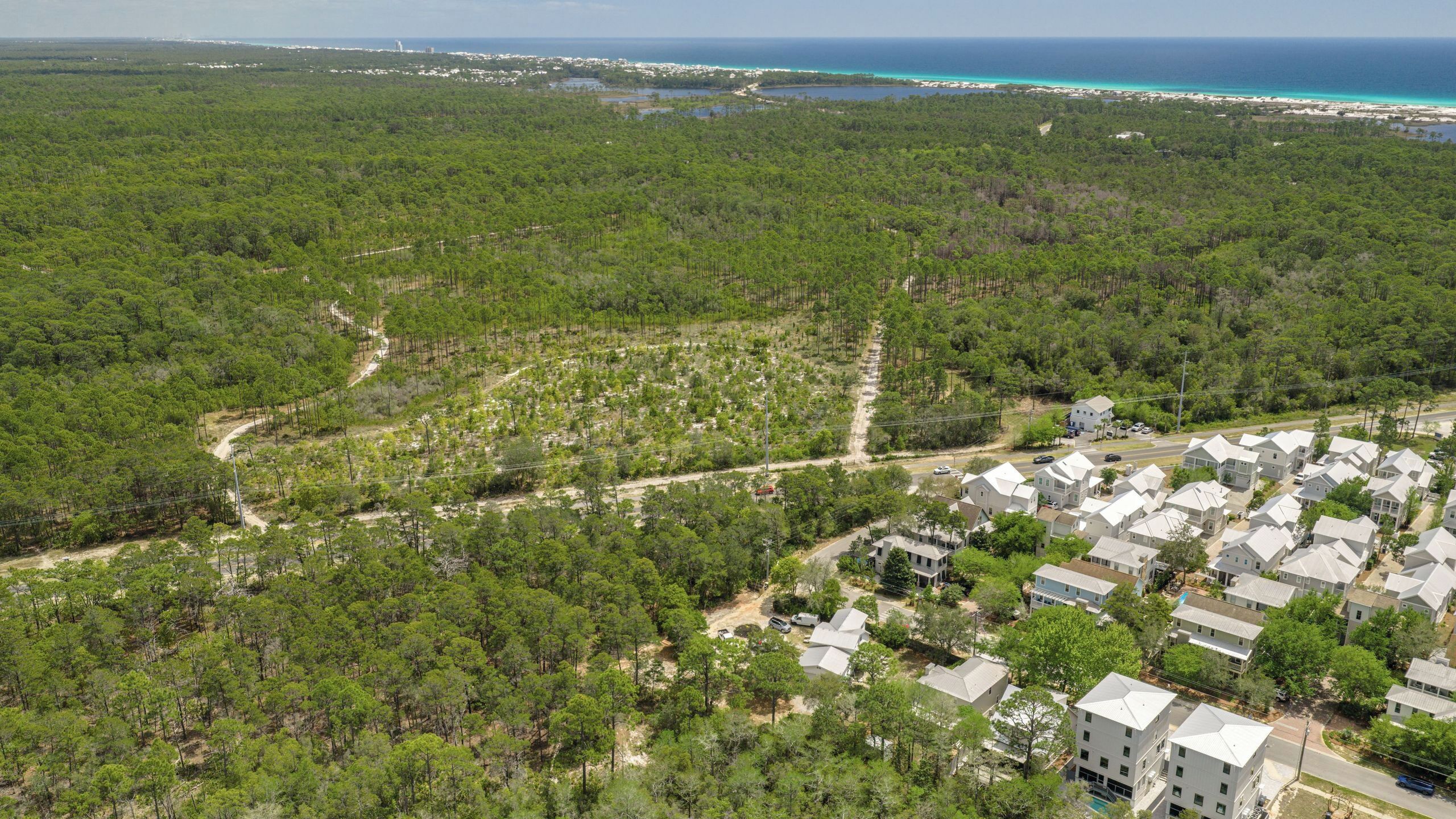 A residential area with houses, a road, and a forested landscape.