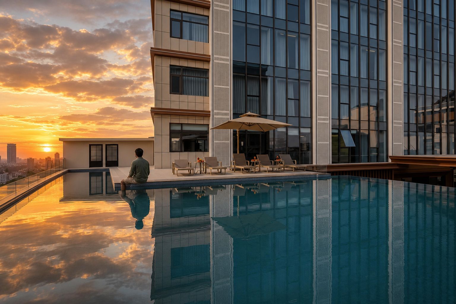 Un hotel moderno con piscina en la azotea, amplios ventanales y vistas al horizonte urbano al atardecer.
