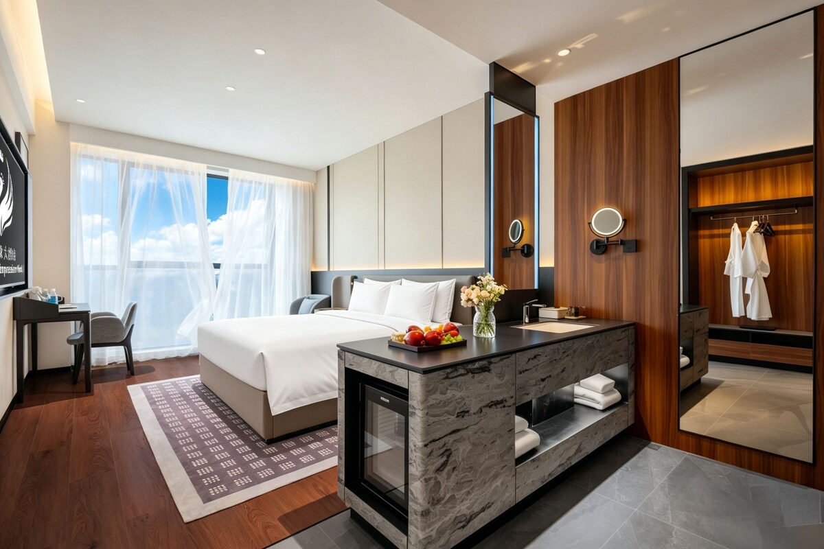 Una habitación de hotel moderna con una cama grande, un escritorio, una tocador con espejo y vista al cielo.
