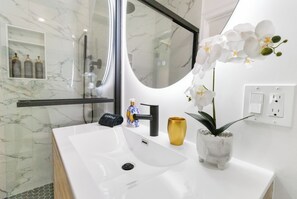 Shower, hair dryer, towels, soap
