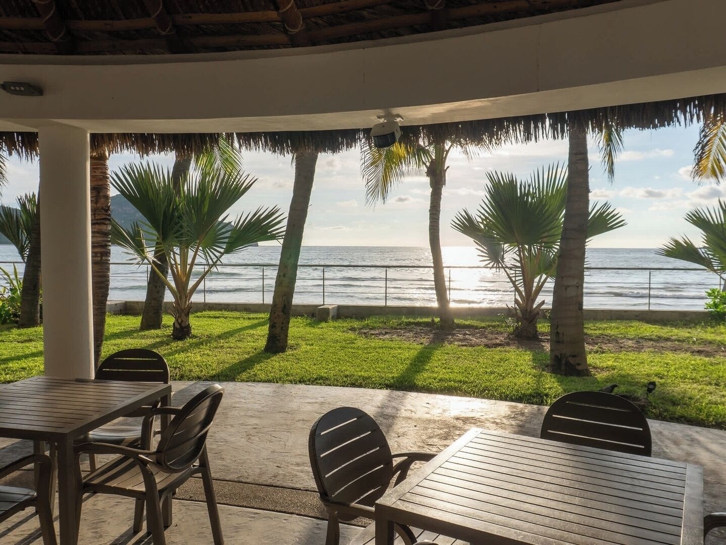 A covered outdoor seating area with tables and chairs, overlooking a beach with palm trees and the ocean.